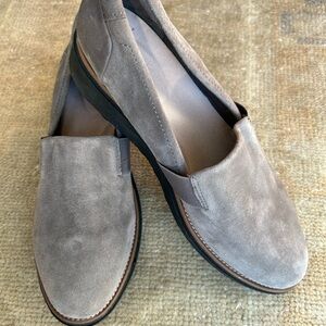 Clarks gray suede slip ons tapered wedge